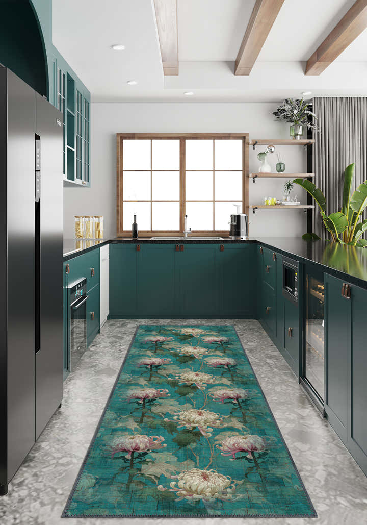 Chryselle Teal Chrysanthemum Rug